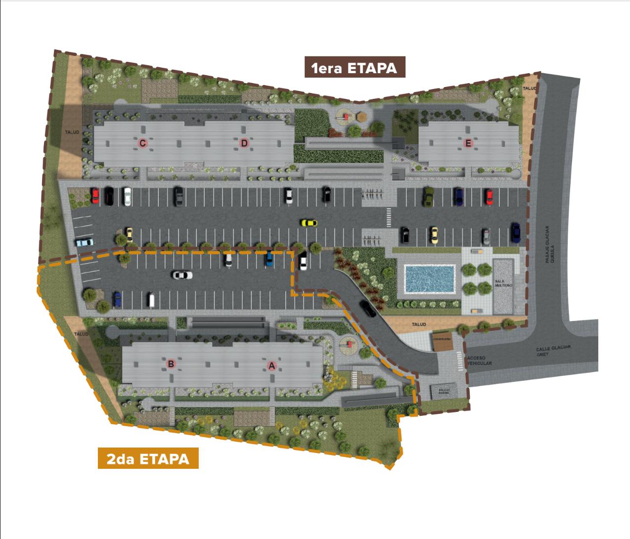 Plano del conjunto Arenas de Quilpué II — 5 torres (A a E), piscina, sala multiuso, estacionamientos y áreas verdes, con acceso por calle Glaciar Grey