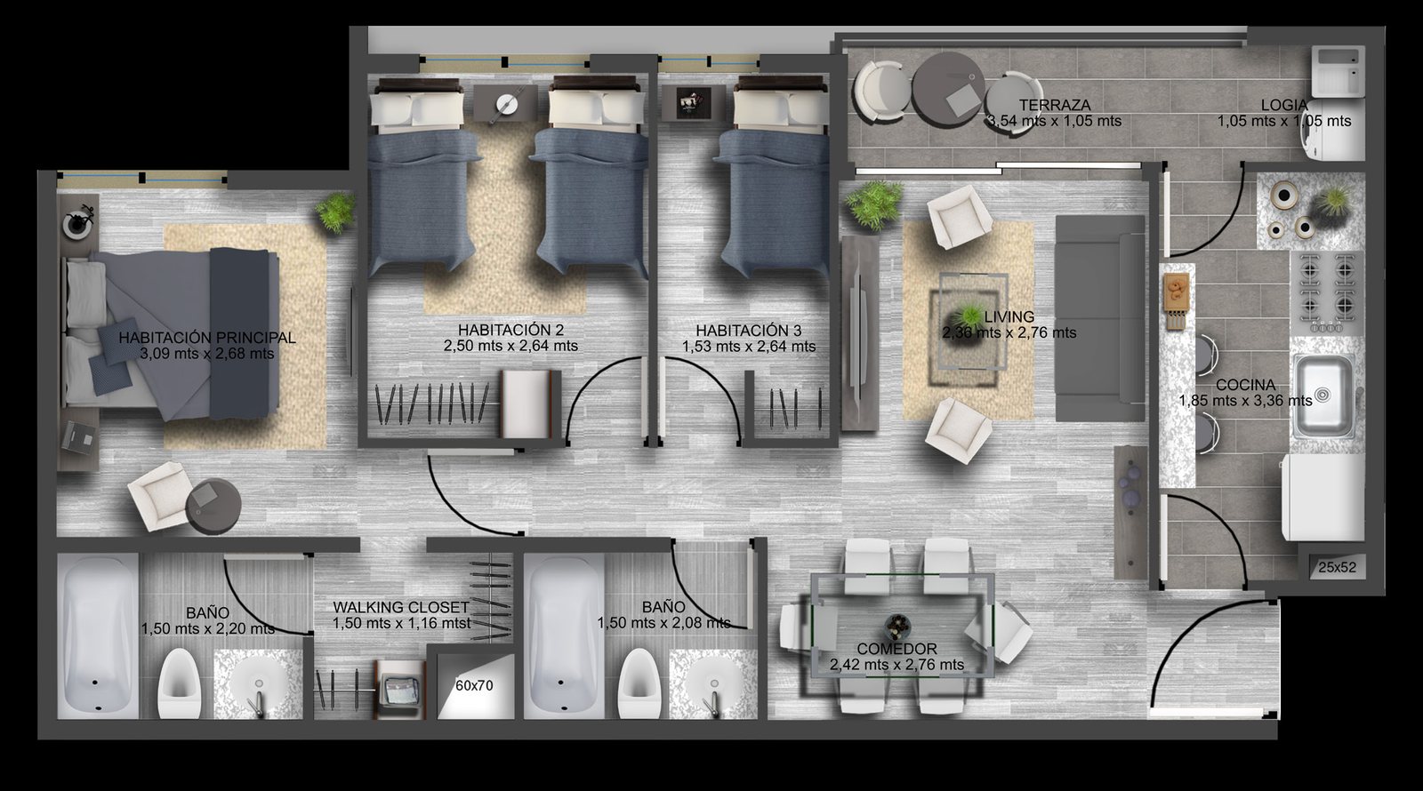 Plano departamento Tipo A, cocina cerrada — Arenas de Quilpué II